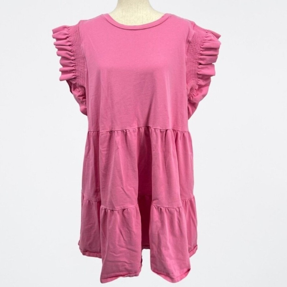 English Factory Pink Ruffle Smocked Shoulder Tiered Babydoll Mini Dress 3X
